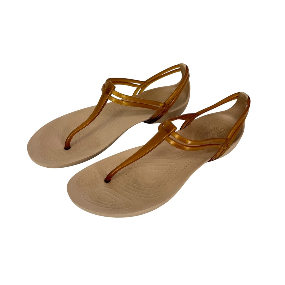 Crocs Isabella T-Strap Sandals Tan Bronze Jelly Flat Strappy Women 9 202467